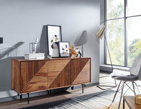 Rootz Sideboard - Modern Metal Sideboard with Three Doors - Living Room Dresser Cabinet - Solid Sheesham Wood - 148x72x40 cm