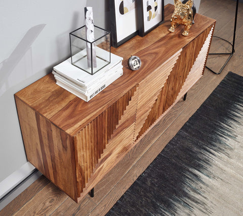 Rootz Sideboard - Modern Metal Sideboard with Three Doors - Living Room Dresser Cabinet - Solid Sheesham Wood - 148x72x40 cm