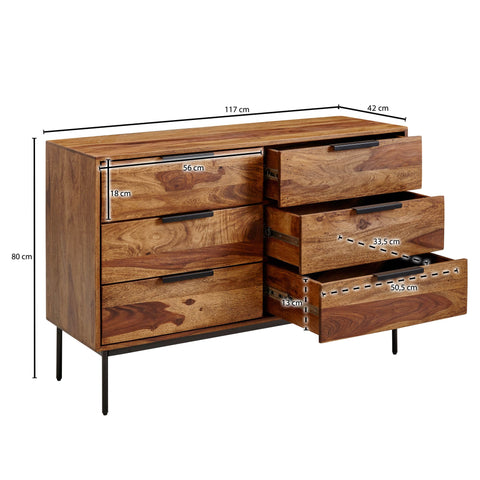 Rootz Chest of Drawers - Metal Industrial Sideboard - Modern Wood Chest of Drawers - Living Room Sideboard - Solid Sheesham Wood - 117x80x42 cm