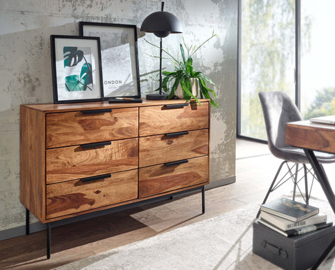 Rootz Chest of Drawers - Metal Industrial Sideboard - Modern Wood Chest of Drawers - Living Room Sideboard - Solid Sheesham Wood - 117x80x42 cm