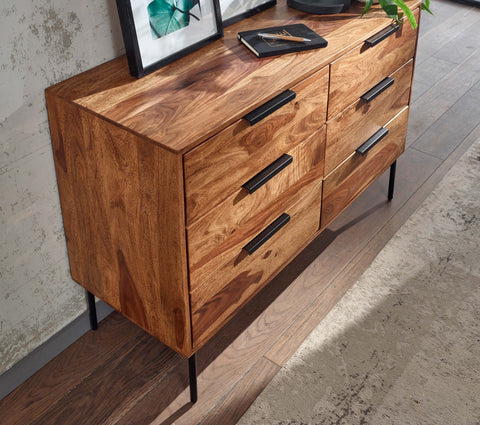 Rootz Chest of Drawers - Metal Industrial Sideboard - Modern Wood Chest of Drawers - Living Room Sideboard - Solid Sheesham Wood - 117x80x42 cm