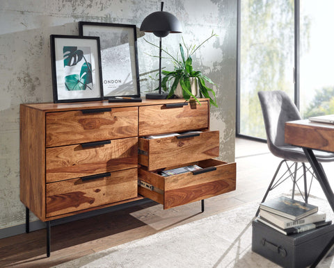 Rootz Chest of Drawers - Metal Industrial Sideboard - Modern Wood Chest of Drawers - Living Room Sideboard - Solid Sheesham Wood - 117x80x42 cm