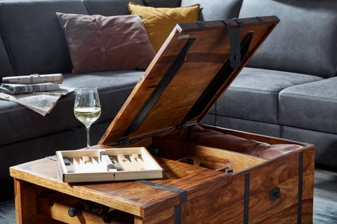 Rootz Coffee Table - Chest Table with Wine Rack - Design Living Room Table with Storage - Modern Sofa Table - Wooden Table for Living Room - Solid Sheesham Wood - 100x60x40 cm
