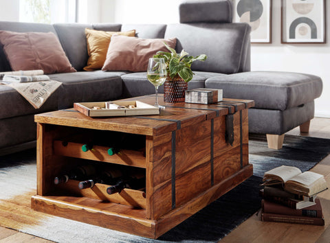 Rootz Coffee Table - Chest Table with Wine Rack - Design Living Room Table with Storage - Modern Sofa Table - Wooden Table for Living Room - Solid Sheesham Wood - 100x60x40 cm