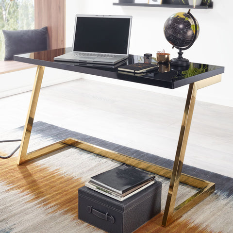 Rootz Computerbureau - Goud PC-tafel met metalen poten - Modern design Computerbureau - Thuiskantoor Werkstation Hoogglans Zwart Bureau - 120x55x76 cm 