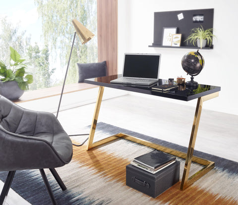 Rootz Computerbureau - Goud PC-tafel met metalen poten - Modern design Computerbureau - Thuiskantoor Werkstation Hoogglans Zwart Bureau - 120x55x76 cm 