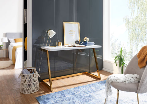 Rootz Computerbureau - Gouden PC-tafel met metalen poten - Modern design computerbureau - Thuiskantoorwerkstation - Hoogglans wit bureau - 120x55x76 cm 