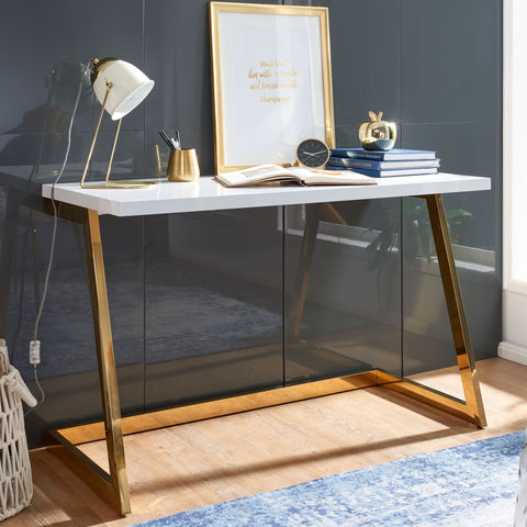 Rootz Computerbureau - Gouden PC-tafel met metalen poten - Modern design computerbureau - Thuiskantoorwerkstation - Hoogglans wit bureau - 120x55x76 cm 
