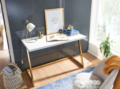 Rootz Computerbureau - Gouden PC-tafel met metalen poten - Modern design computerbureau - Thuiskantoorwerkstation - Hoogglans wit bureau - 120x55x76 cm 