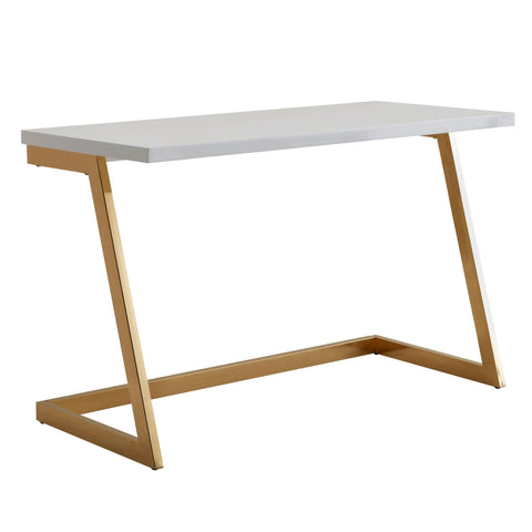 Rootz Computerbureau - Gouden PC-tafel met metalen poten - Modern design computerbureau - Thuiskantoorwerkstation - Hoogglans wit bureau - 120x55x76 cm 