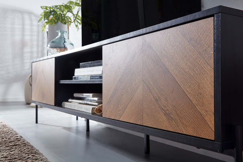 Rootz TV Stand - Lowboard - TV Dresser with Two Doors - Modern Design TV Cabinet - Living Room Black Wood - Oak Decor - 163x45x40 cm