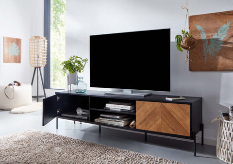 Rootz TV Stand - Lowboard - TV Dresser with Two Doors - Modern Design TV Cabinet - Living Room Black Wood - Oak Decor - 163x45x40 cm