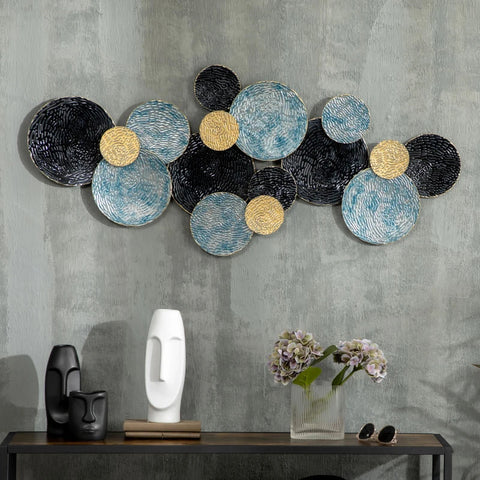 Rootz Metal Wall Decor - 3D Wall Art with Circles - Wall Decoration - Gold + Blue + Black - 121cm x 4cm x 53 cm
