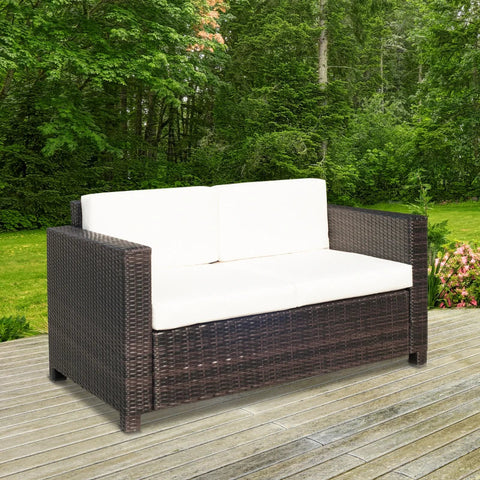 Rootz Sofa - Rattan Sofa - 2 Seater Sofa Chair - 2 Seater Sofa - 2 Cushions - Metal/PE Rattan/Polyester - Brown/White - 130L x 70W x 80H cm