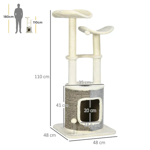 Rootz Scratching Post - With Cat Cave - Cat Tree - Two Platforms - Two Scratching Posts - Plush Cover - Creamy White - 48 x 48 x 110cm