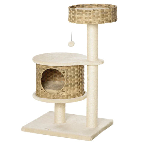 Rootz Scratching Post - Cat Tree - Climbing Tree With Cat Cave - Sisal Posts - Play Balls - Cat Furniture - Nature/Beige - 55 x 47 x 95 cm
