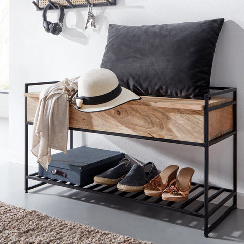 Rootz Storage Bench - Metal Hallway Bench - Small Shoe Bench with Seat - Narrow Entryway Bench with Shoe Rack - Brown - Solid Mango Wood - 90x52x38 cm