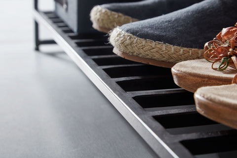 Rootz Storage Bench - Metal Hallway Bench - Small Shoe Bench with Seat - Narrow Entryway Bench with Shoe Rack - Brown - Solid Mango Wood - 90x52x38 cm