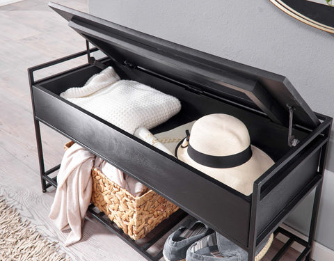 Rootz Storage Bench - Mango Solid Wood - Black Metal Hallway Bench - Small Shoe Bench with Seat - Narrow Entryway Bench with Shoe Rack - 90x52x38 cm