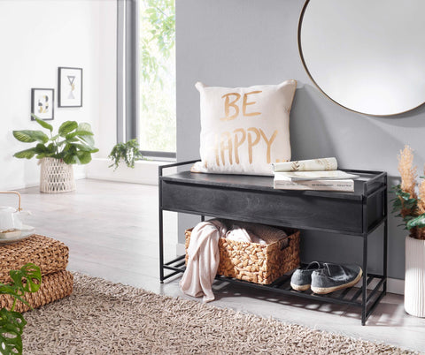 Rootz Storage Bench - Mango Solid Wood - Black Metal Hallway Bench - Small Shoe Bench with Seat - Narrow Entryway Bench with Shoe Rack - 90x52x38 cm