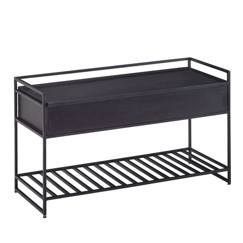 Rootz Storage Bench - Mango Solid Wood - Black Metal Hallway Bench - Small Shoe Bench with Seat - Narrow Entryway Bench with Shoe Rack - 90x52x38 cm