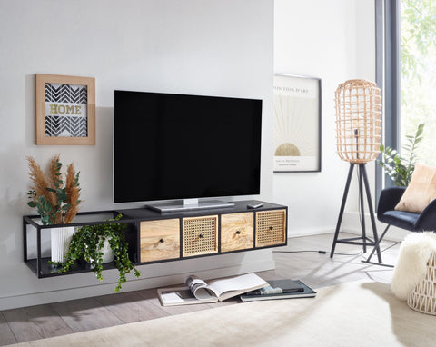 Rootz TV-meubel - Hangend Lowboard - Modern Design TV-meubel - Wandgemonteerd TV-meubel - Hangend TV-dressoir - Zwart - Mango Massief Hout en Metaal - 150x25x35 cm 
