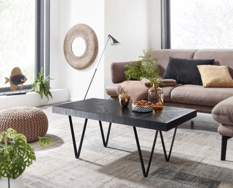 Rootz Couchtisch – Mango-Massivholz – Schwarzer Wohnzimmertisch – Modernes rechteckiges Design – Couchtisch aus Holz mit Metallbeinen – Stilvoller Wohnzimmertisch – 100 x 50 x 40 cm