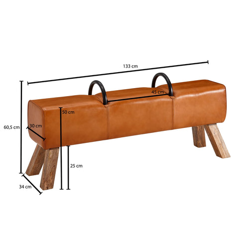 Rootz Bank – Echtes Leder – Moderne Lederbank – Springbock-Lederhocker mit Griffen – Gepolsterte Gymnastikbank aus Massivholz – 133 x 60,5 x 34 cm 