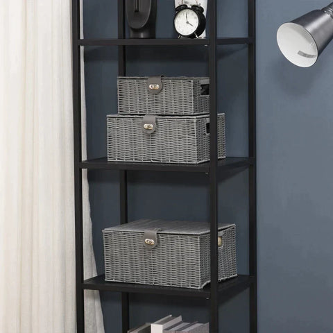 Rootz Storage Baskets - Set Of 3 Storage Baskets - Made Of PE Rattan - With Closure - Carrying Handles - Grey - 35.5 cm x 28.5 cm x 18 cm