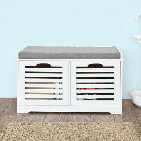 Rootz White Storage Bench with 2 Drawers & Removable Seat Cushion - Shoe Cabinet Shoe Bench