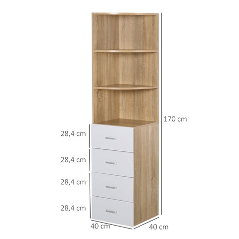 Rootz Bookcase - 3 Levels - 4 Drawers - Processed Wood - Melamine - 40 x 40 x 170 cm - Natural - White