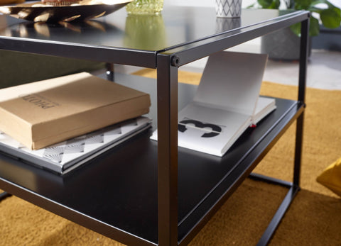 Rootz Coffee Table - Steel Coffee Table with Storage - Square Lounge Table with Storage Compartment Industrial Black - 60x60x45 cm