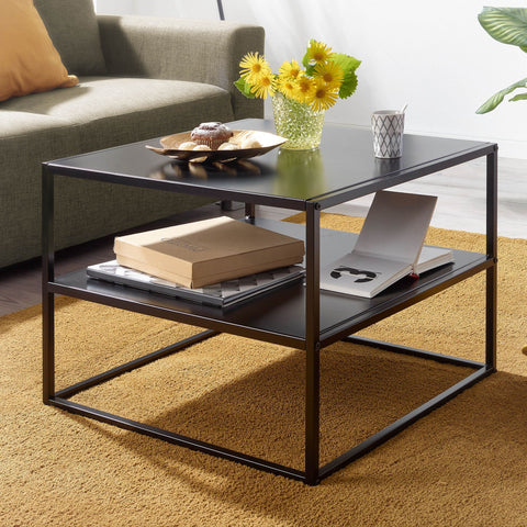Rootz Coffee Table - Steel Coffee Table with Storage - Square Lounge Table with Storage Compartment Industrial Black - 60x60x45 cm