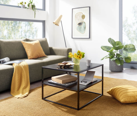 Rootz Coffee Table - Steel Coffee Table with Storage - Square Lounge Table with Storage Compartment Industrial Black - 60x60x45 cm