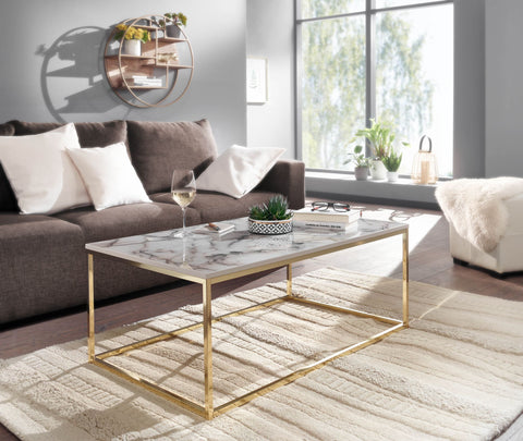 Rootz Coffee Table - Metal Frame Living Room Table - White-Gold Marble Look - Square Sofa Side Table - 100x60x40 cm