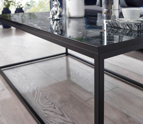 Rootz Coffee Table - Metal Frame Living Room Table - Black Marble Look - Square Sofa Side Table - 100x60x40 cm