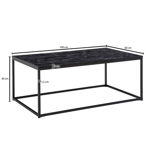 Rootz Coffee Table - Metal Frame Living Room Table - Black Marble Look - Square Sofa Side Table - 100x60x40 cm