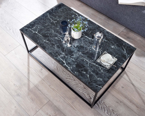 Rootz Coffee Table - Metal Frame Living Room Table - Black Marble Look - Square Sofa Side Table - 100x60x40 cm