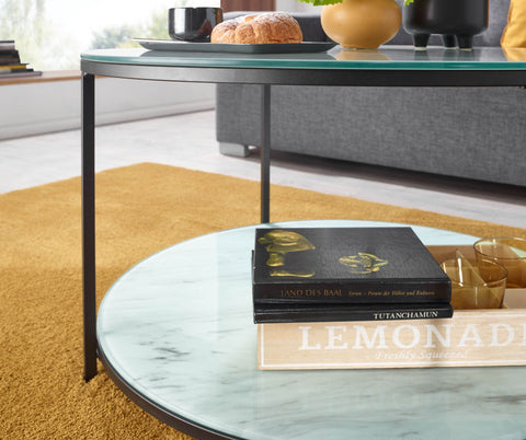 Rootz Marble Look Glass Coffee Table - Modern Round Living Room Table with Storage - Black and White - Metal Coffee Table - Small Side Table - 80x80x45 cm