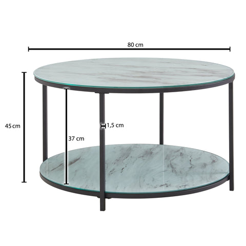 Rootz Marble Look Glass Coffee Table - Modern Round Living Room Table with Storage - Black and White - Metal Coffee Table - Small Side Table - 80x80x45 cm