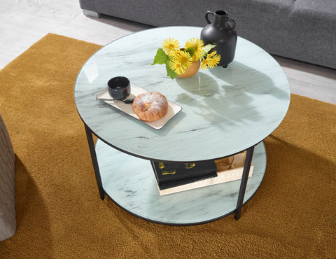 Rootz Marble Look Glass Coffee Table - Modern Round Living Room Table with Storage - Black and White - Metal Coffee Table - Small Side Table - 80x80x45 cm