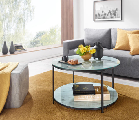 Rootz Marble Look Glass Coffee Table - Modern Round Living Room Table with Storage - Black and White - Metal Coffee Table - Small Side Table - 80x80x45 cm