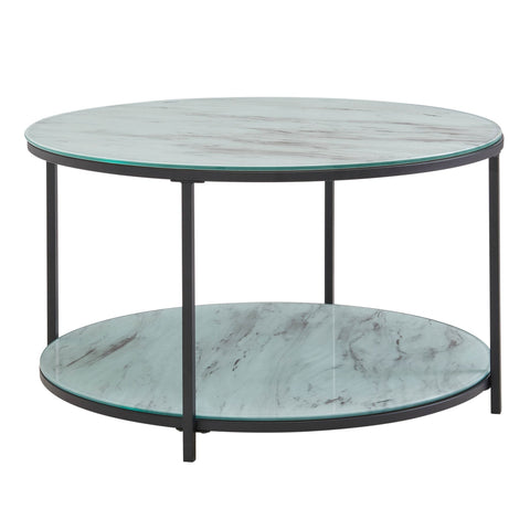 Rootz Marble Look Glass Coffee Table - Modern Round Living Room Table with Storage - Black and White - Metal Coffee Table - Small Side Table - 80x80x45 cm