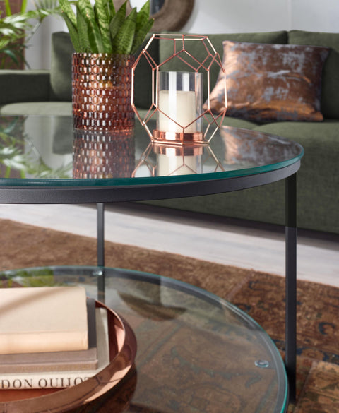 Rootz Glass and Metal Coffee Table - Modern Round Living Room Table - Coffee Table with Storage Space - Lounge Table with Storage Compartment - Side Table - 80x80x45 cm