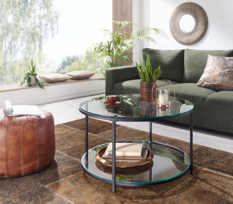 Rootz Glass and Metal Coffee Table - Modern Round Living Room Table - Coffee Table with Storage Space - Lounge Table with Storage Compartment - Side Table - 80x80x45 cm