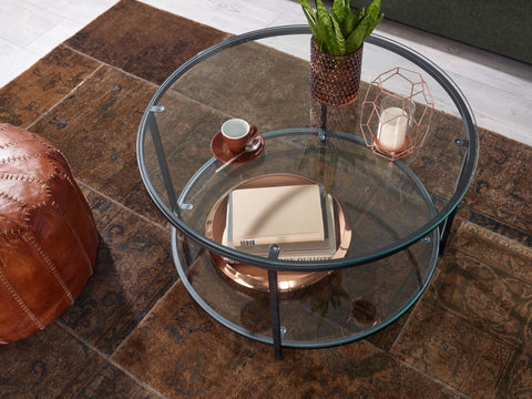 Rootz Glass and Metal Coffee Table - Modern Round Living Room Table - Coffee Table with Storage Space - Lounge Table with Storage Compartment - Side Table - 80x80x45 cm