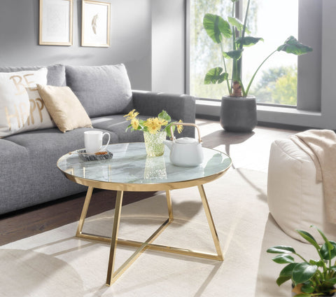 Rootz Couchtisch aus Glas – runder Marmor-Look weiß – Metallrahmen – moderner großer Beistelltisch – 76 x 76 x 41 cm 