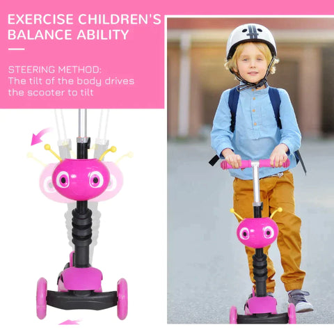 Rootz 5-in-1 Kids Kick Scooter - Children's Scooter - Scooter - City Scooter - Children's Scooter - Telescopic Tube - Height-adjustable - Pink - 62 x 25 x 72.5 cm