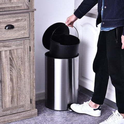 Rootz Trash Can - Pedal Bin - Inner Bucket - 20 L - Soft Close - Stainless Steel - 30.8 x 48.7 cm - Silver - Black