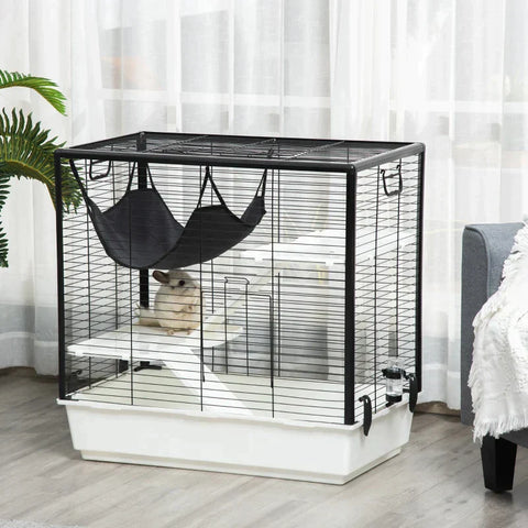 Rootz Small Animal Cage - Small Animal Enclosure Rodent Cage Animal Cage - Cage - Outdoor Enclosure -with Ramp And Hammock - Steel/Aluminum/Plastic - Black/White/Gray - 80 x 48 x 78 cm